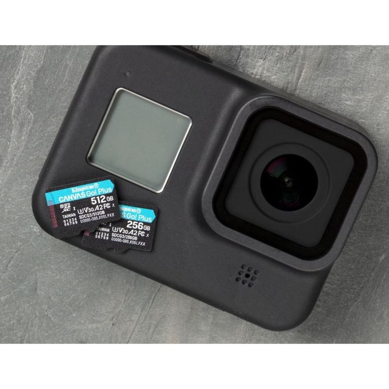 Kingston Canvas Go! Plus microSD cards displayed with action camera