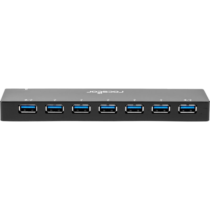 Front view of Rocstor 7-port USB 3.0 hub showing seven blue USB ports in a sleek black housing