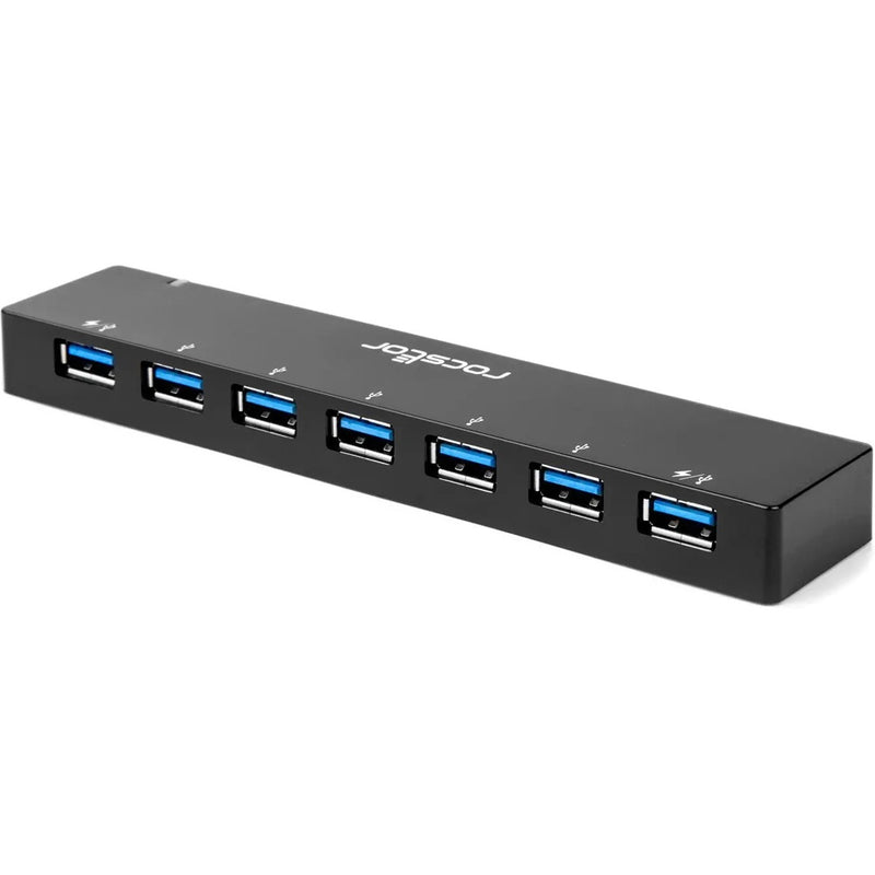 Angled perspective of Rocstor USB hub showcasing the streamlined design and port layout