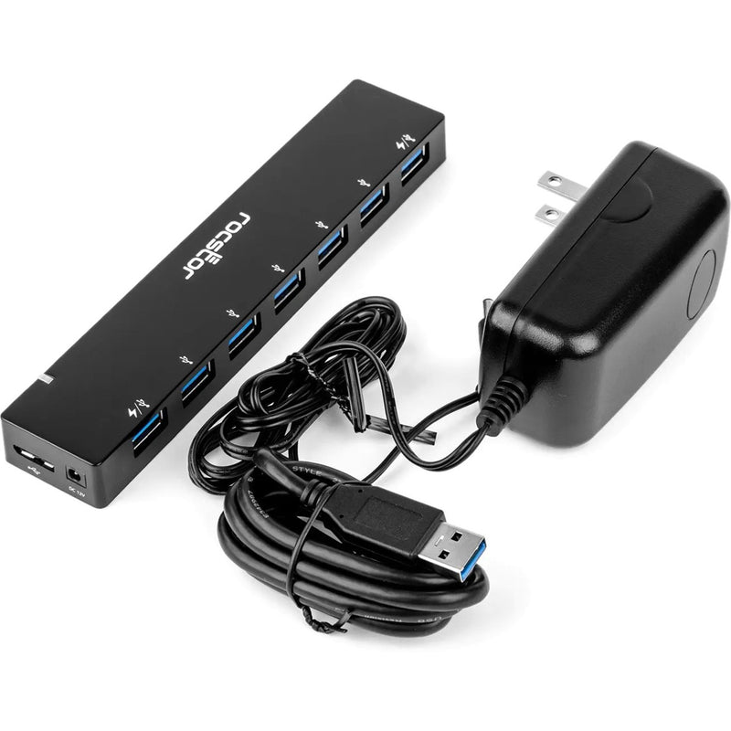 Complete package contents of Rocstor USB hub including power adapter and USB cable