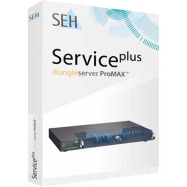 SEH dongleserver ProMAX ServicePlus package box showing product and service details