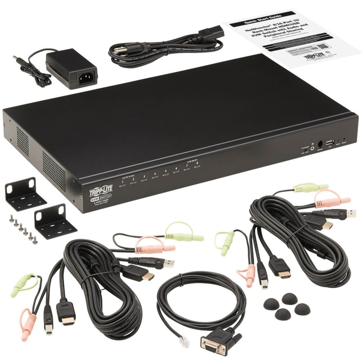 Complete package contents of KVM switch including cables, mounting hardware, and accessories-alternate-image6