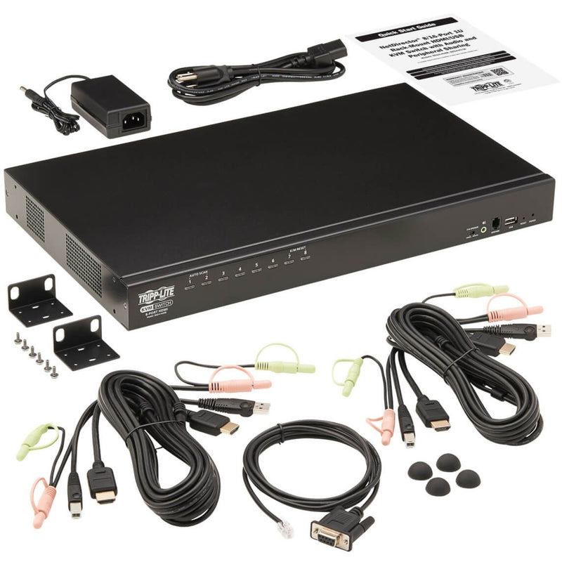 Complete package contents of KVM switch including cables, mounting hardware, and accessories