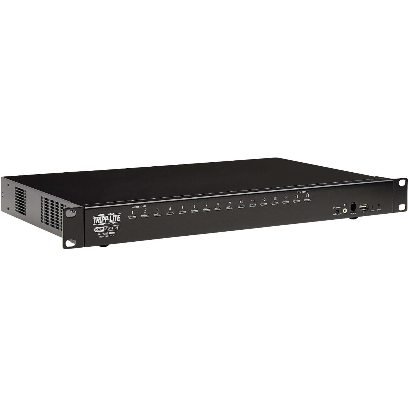 Front angled view of Tripp Lite B024-HU16 16-port KVM switch showing control panel and rack mount design-alternate-image1