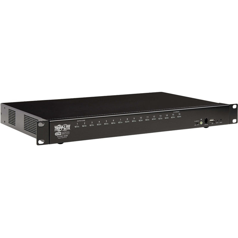 Front angled view of Tripp Lite B024-HU16 16-port KVM switch showing control panel and rack mount design