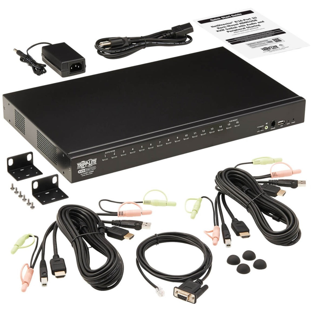 Complete package contents of KVM switch including cables, mounting hardware, and accessories-alternate-image6