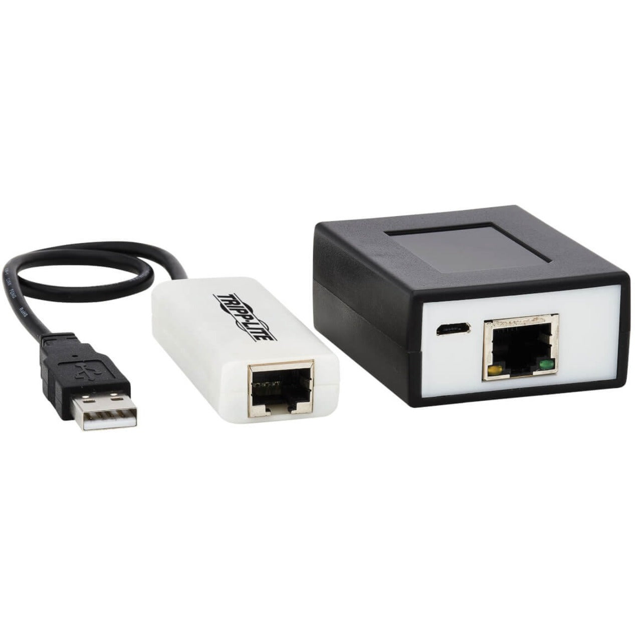 Tripp Lite B203-104-POC USB extender kit showing white transmitter unit and black receiver unit with USB cable-alternate-image1