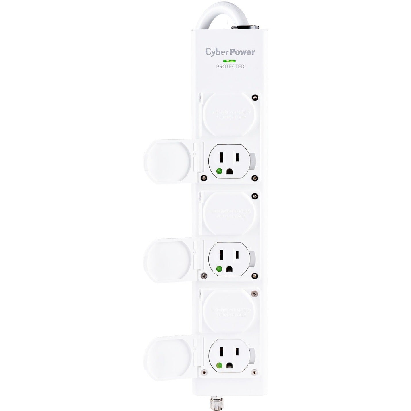 Front view of CyberPower MPV615S medical-grade surge protector showing six protected outlets with safety covers-alternate-image1