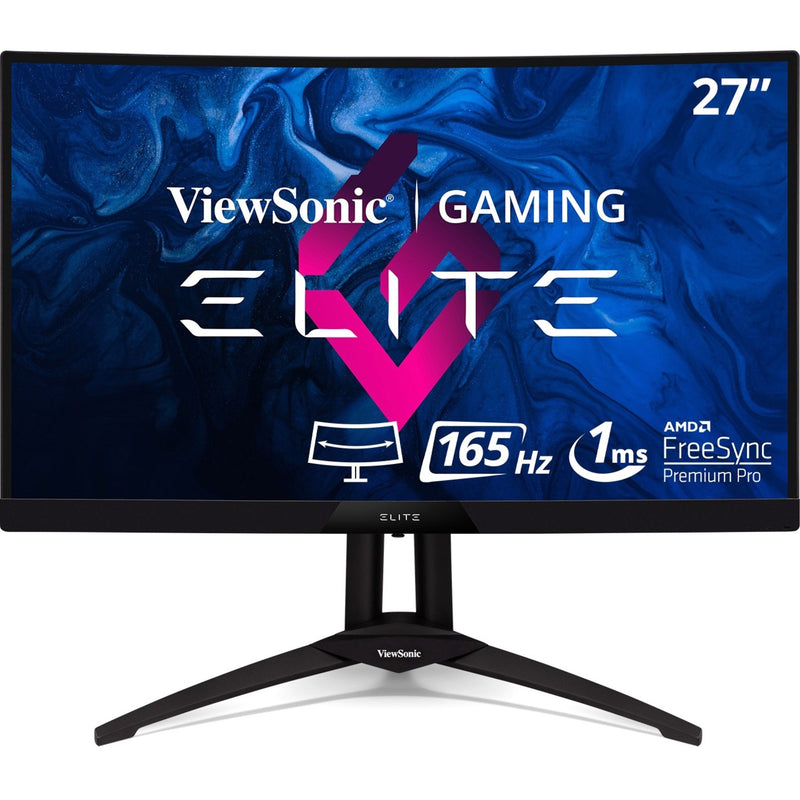 ViewSonic Elite XG270QC gaming monitor front view with blue background and specifications