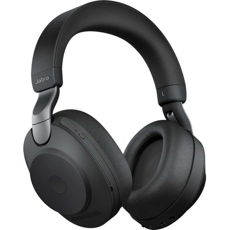 Side view of Jabra Evolve2 85 wireless headset in black showing the over-ear design and premium build quality