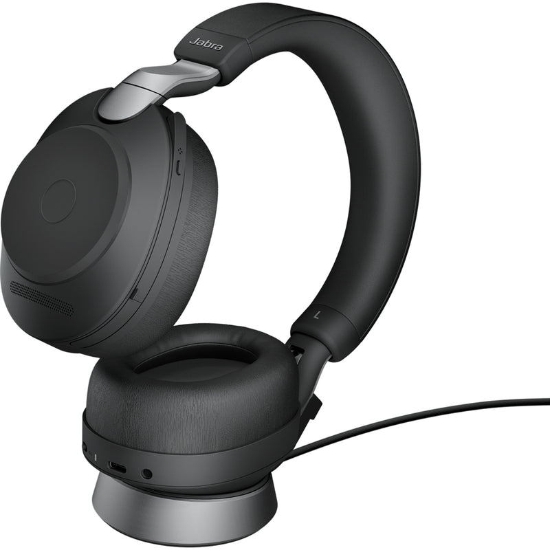 Close-up of Jabra Evolve2 85's ear cup showing acoustic engineering details