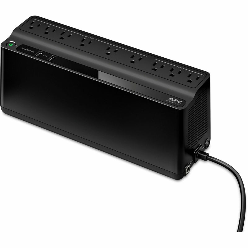 Front view of APC BE850G2 Back-UPS showing multiple power outlets and LED status indicators