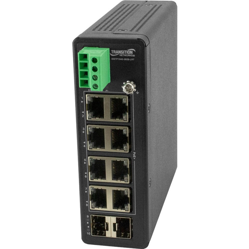 Transition Networks SISTP1040-382B-LRT Unmanaged Hardened Gigabit Ethernet PoE+ Switch with Low Voltage Input, 8-Port GE PoE+ 2SFP 12/24VDC -40 70C