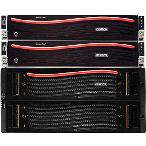 Veritas Flex System 5340 NAS storage system showing four rack-mounted units with distinctive red accent lines and modular design-alternate-image1