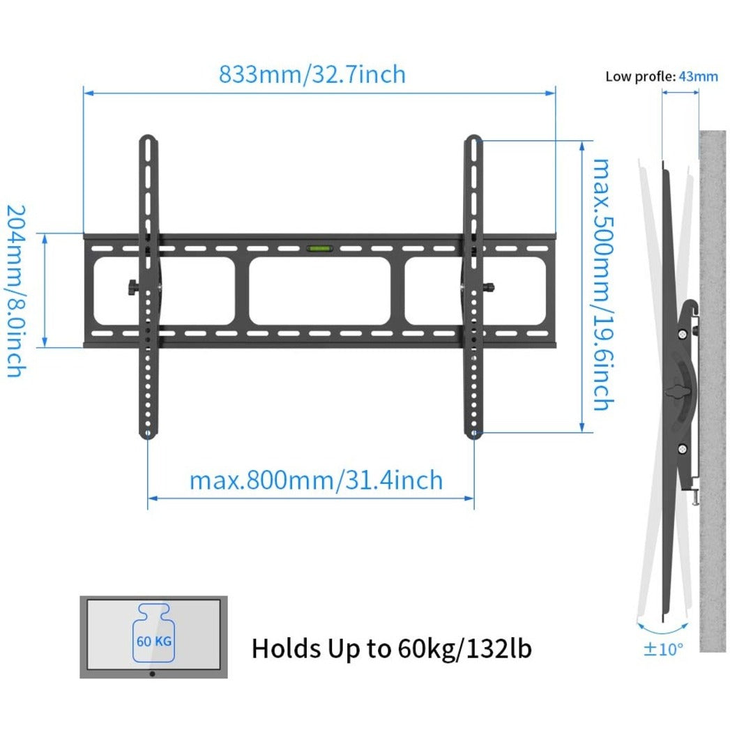 Amer Mounts BIGASSMOUNT60T Flat Panel Wall Mount with Tilt (Max TV Size 100") - Heavy Duty, Bubble Level, Easy Installation