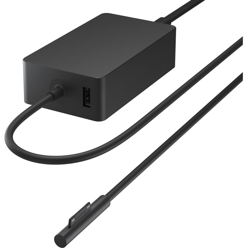 Side view of Microsoft 127W AC adapter showing USB port and proprietary connector cable