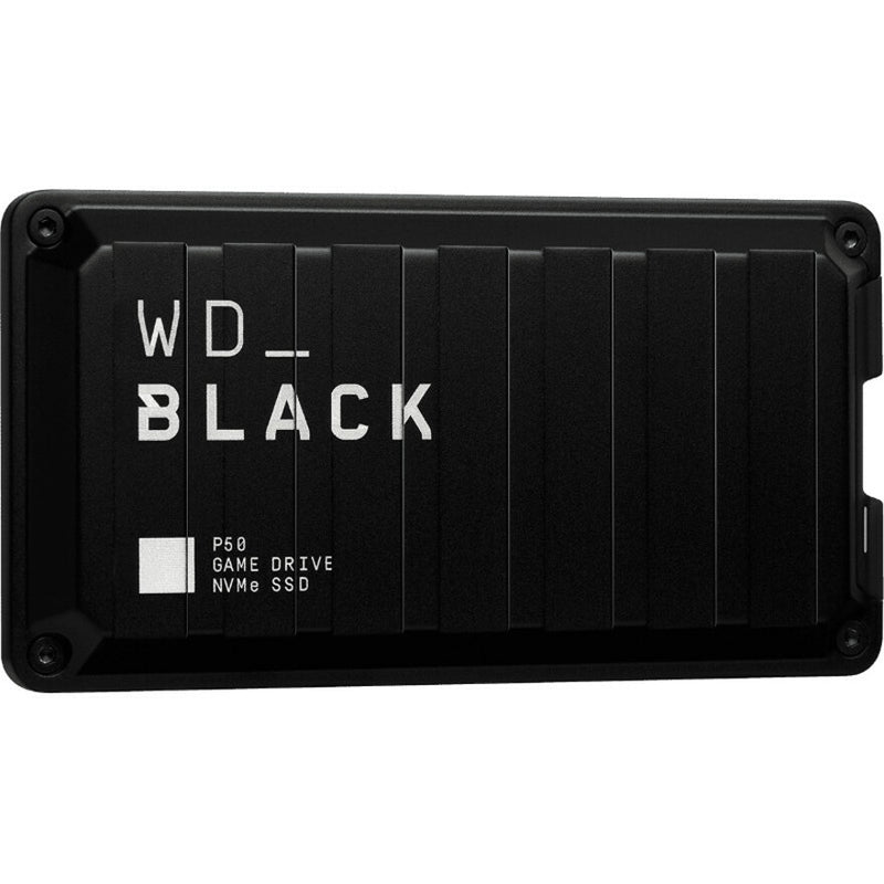 Close-up of WD_BLACK P50 Game Drive showing brand logo and ridge pattern