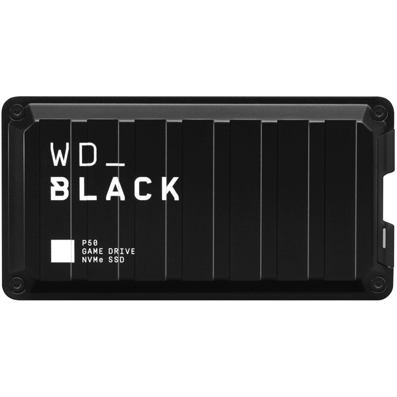 WD_BLACK P50 Game Drive SSD showing front view with industrial ridge design and white branding