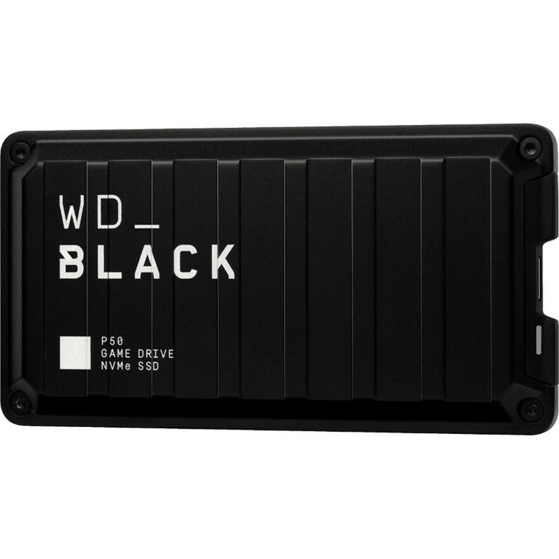 Angled view of WD_BLACK P50 Game Drive showing textured surface and branding