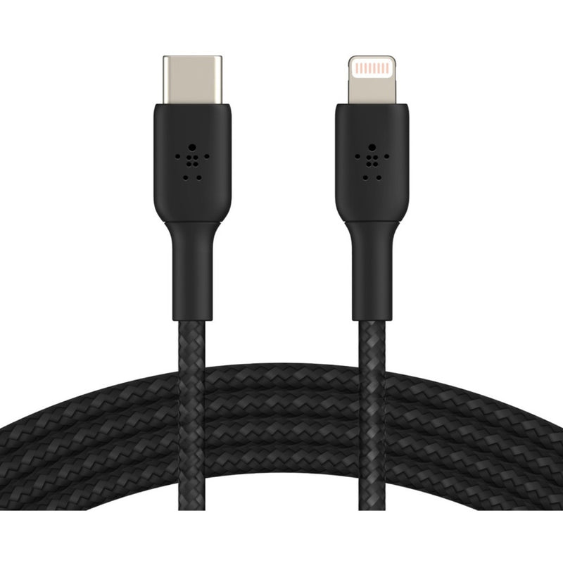 Close-up view of Belkin Lightning to USB-C cable showing braided black cable design and connectors