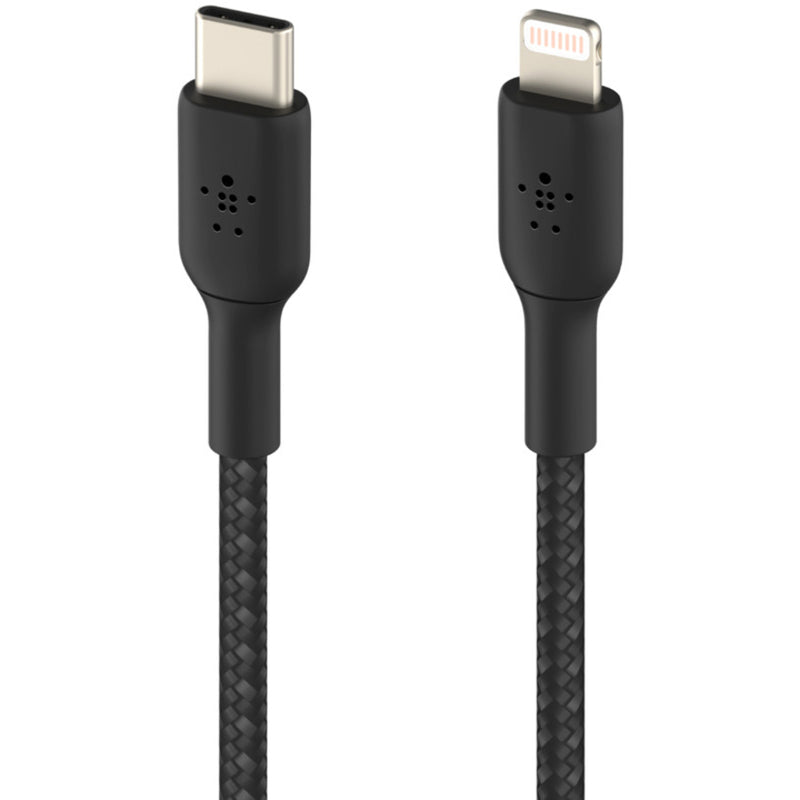 Detailed view of Belkin cable connectors showing USB-C and Lightning ends with ventilation design