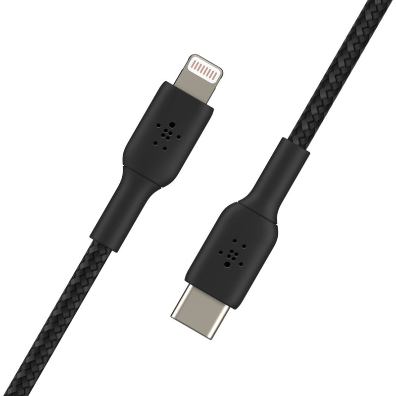 Angled view of Belkin cable showing both Lightning and USB-C connectors with braided cable