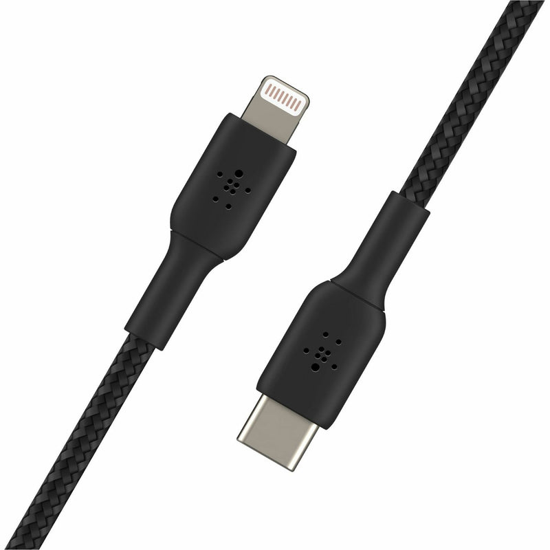 Angled view of Belkin Lightning and USB-C cable connectors showing quality construction