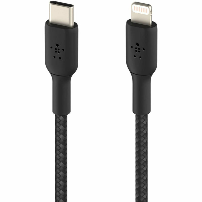 Detailed view of Belkin cable connectors showing Lightning and USB-C ends with strain relief design