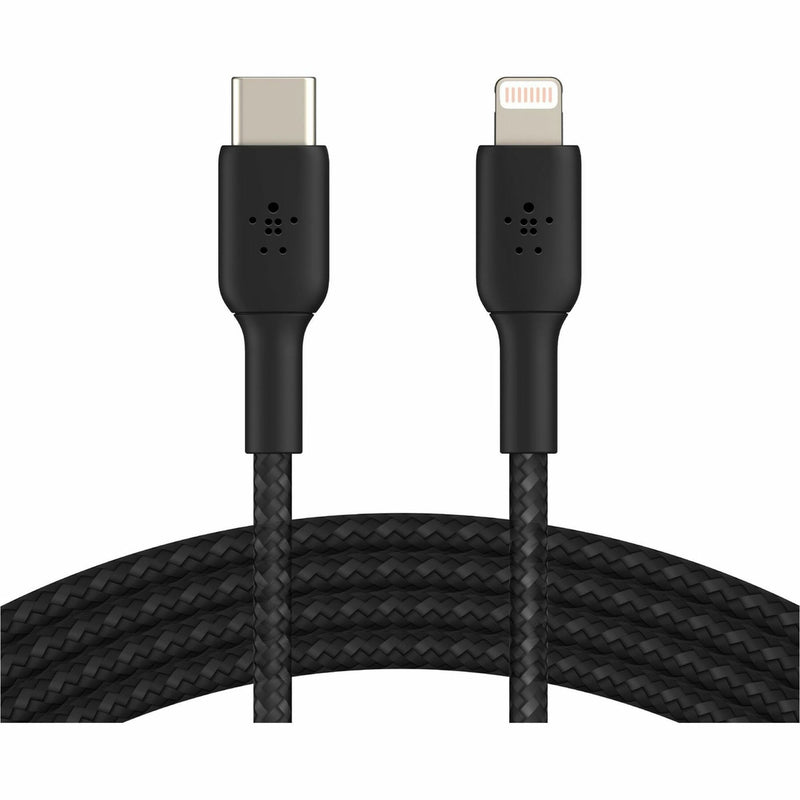 Close-up view of Belkin Lightning to USB-C cable showing braided black cable design and connector details