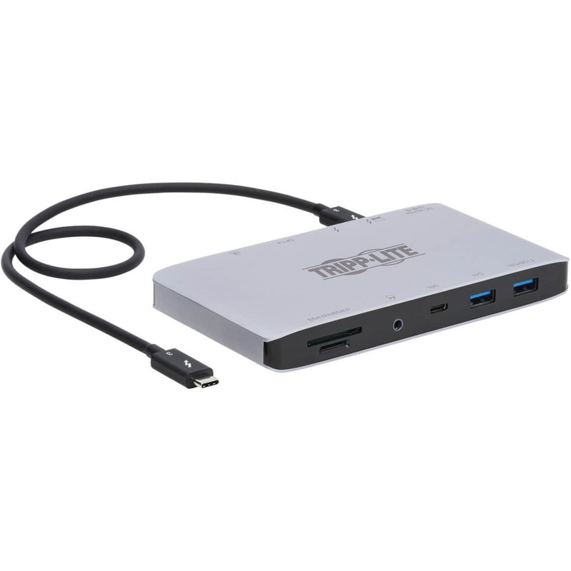 Side view of Tripp Lite MTB3-DOCK-03 Thunderbolt 3 docking station showing multiple ports and silver finish