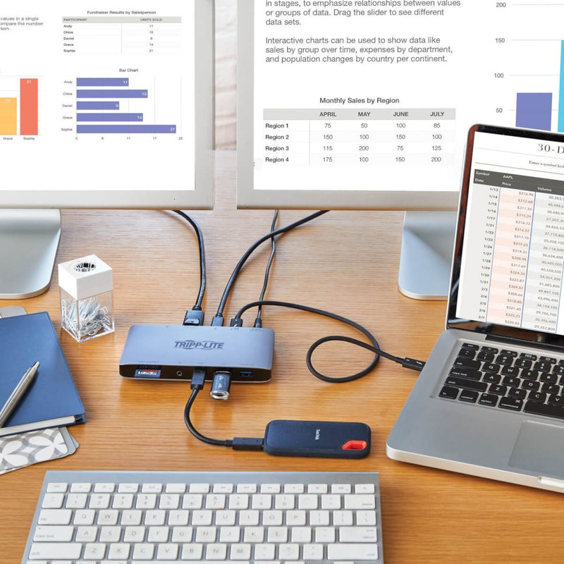 Docking station connected to multiple devices in a professional work setup