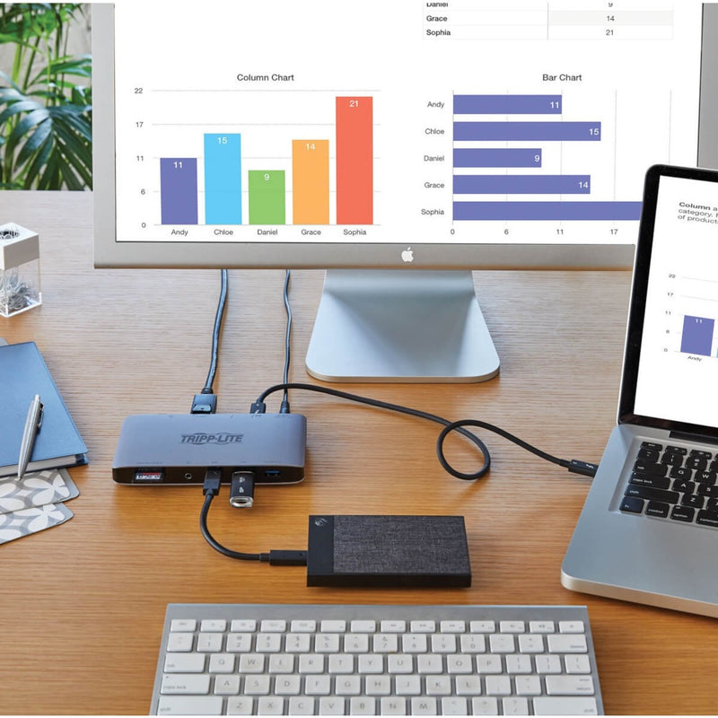 Docking station in use with multiple displays and peripherals in office setting