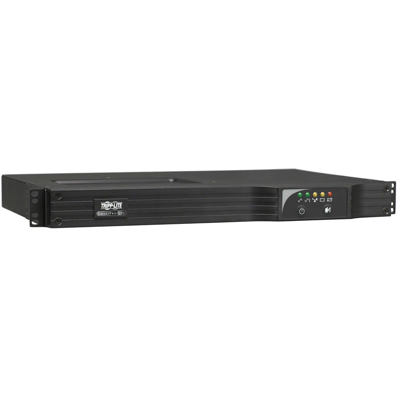 Front view of Tripp Lite SMART500RT1UN 1U rack-mount UPS showing LED status panel and control interface