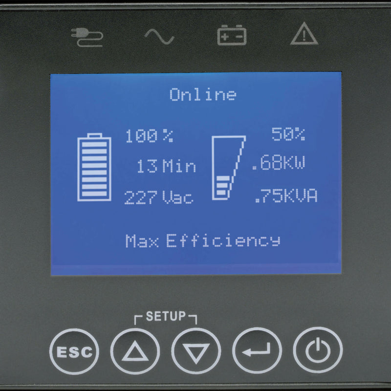 Close-up of LCD display showing power monitoring interface and status icons