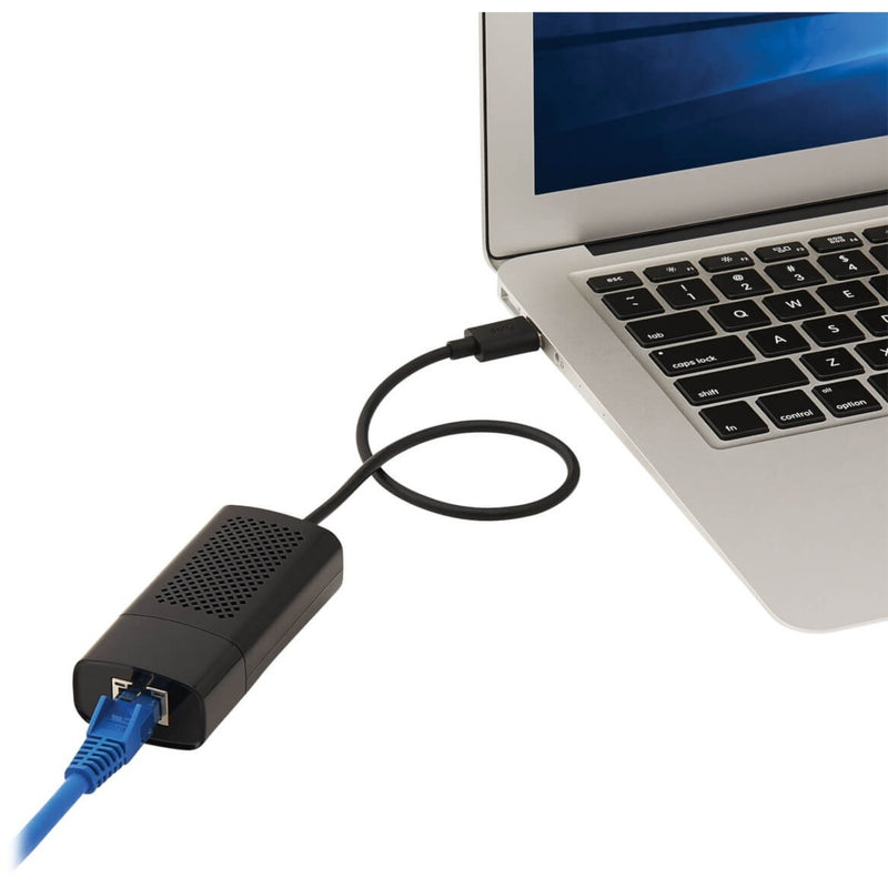 Tripp Lite ethernet adapter connected to laptop showing ease of use