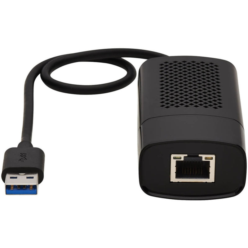 Detailed view of Tripp Lite ethernet adapter showing ventilation grid and USB cable