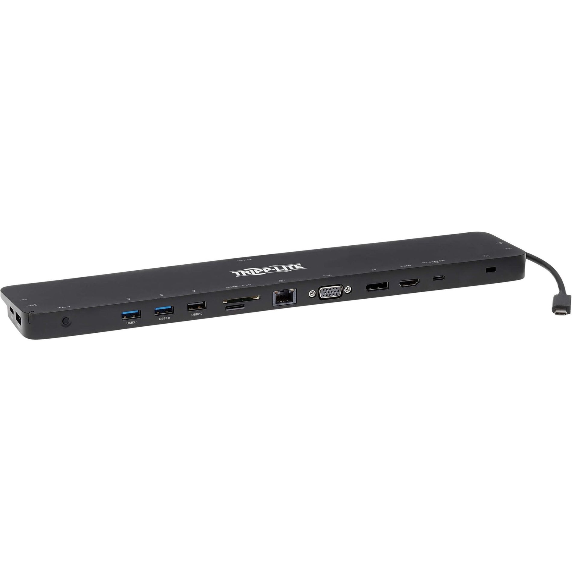 Estación de acoplamiento Tripp Lite U442-DOCK7D-B Docking de triple monitor USB-C con VGA HDMI DisplayPort USB tipo C Thunderbolt RJ-45 puertos USB 2.0/3.0 fuente de alimentación de 100W.