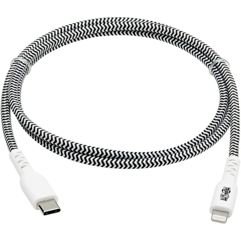 Full view of black and white zigzag braided USB-C to Lightning cable