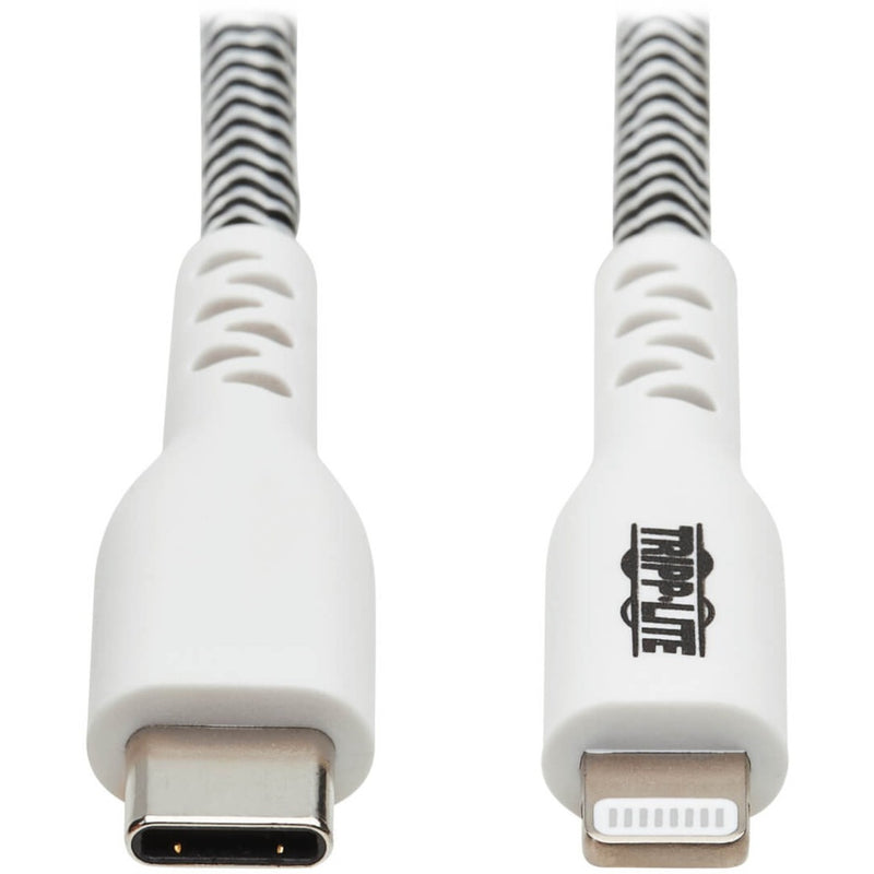 Close-up of white USB-C and Lightning connectors with strain relief and Tripp Lite branding