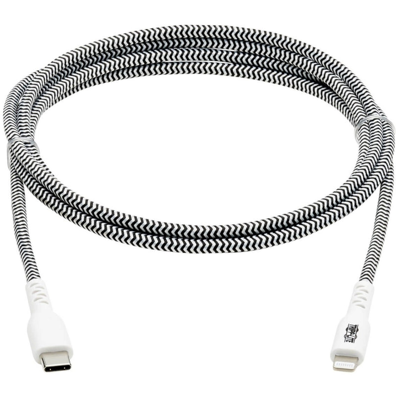 Full length view of Tripp Lite USB-C to Lightning cable showing black and white braided design