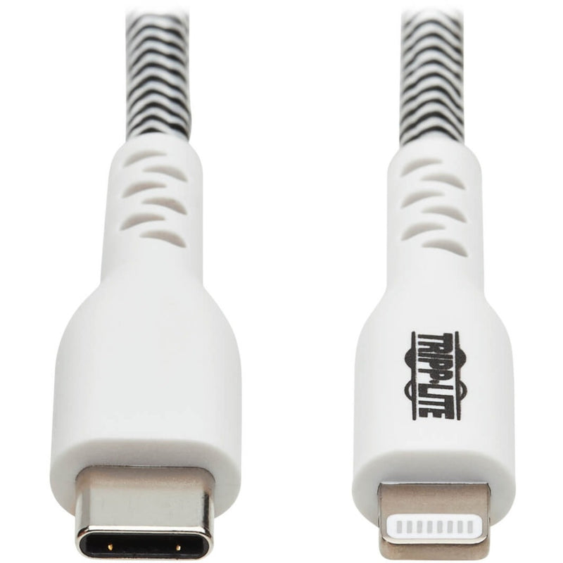 Close-up of USB-C and Lightning connectors on Tripp Lite heavy-duty cable showing reversible design