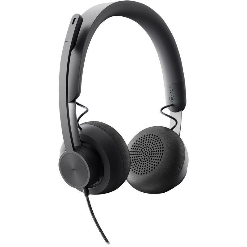 Logitech Zone wired headset side view showing over-ear design with noise-canceling microphone