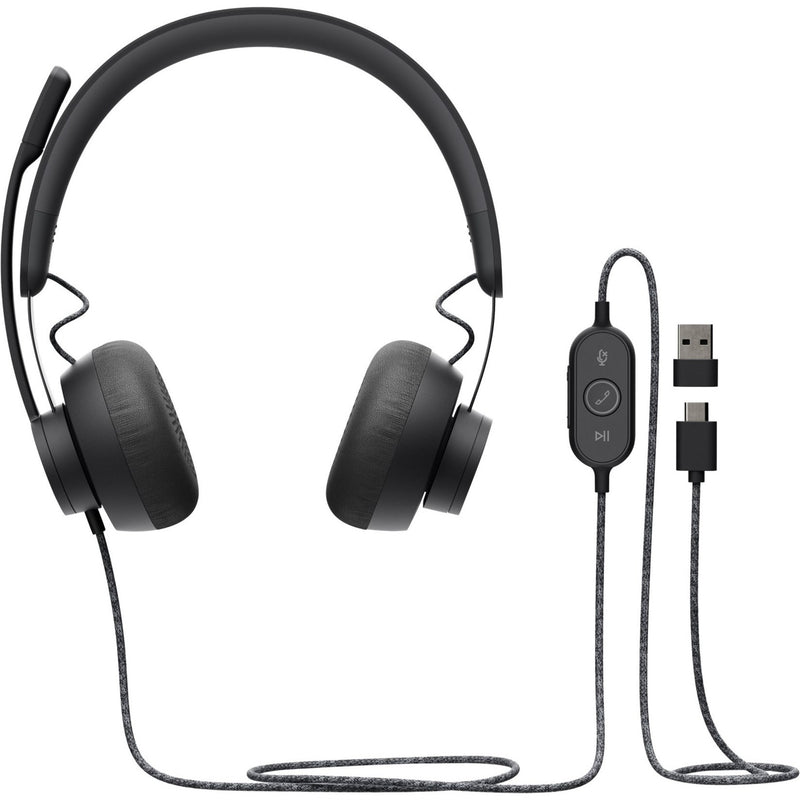 Logitech Zone headset with USB-C cable and adapter accessories