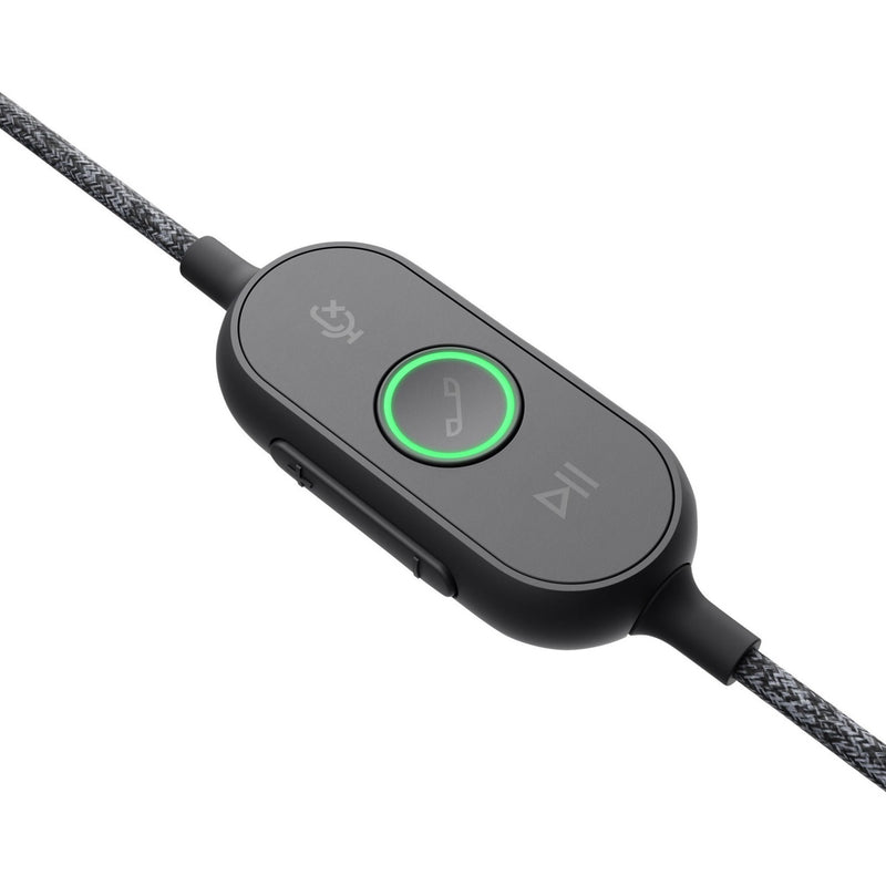 Detailed view of Logitech Zone headset inline controller with LED indicators