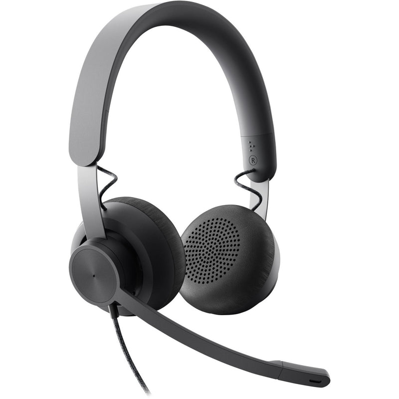 Logitech Zone wired headset side view showing memory foam ear cushions and boom microphone