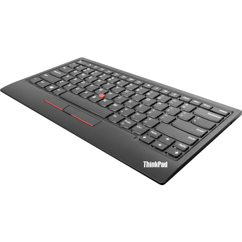 Angled front view of Lenovo ThinkPad TrackPoint II Keyboard showing dish-shaped keys and red TrackPoint