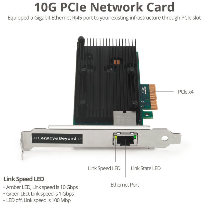 Detailed view of SIIG 10G Ethernet Card showing LED indicators and port features