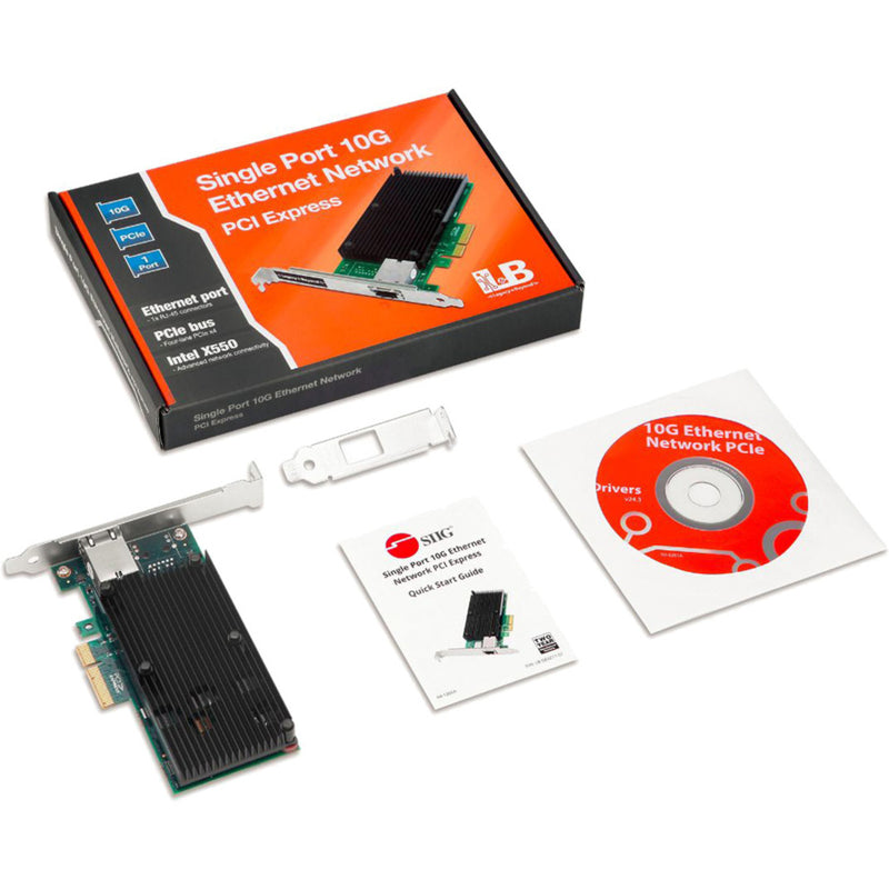 Complete package contents of SIIG 10G Ethernet Network Card including card, brackets, manual and driver CD