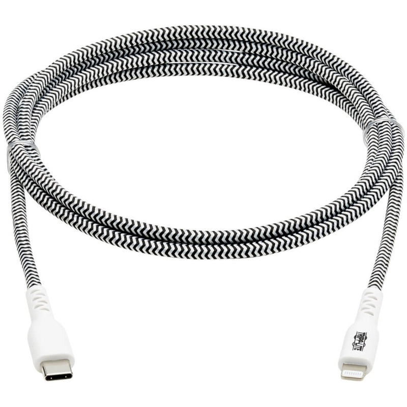 Full length view of Tripp Lite USB-C to Lightning cable showing black and white braided nylon pattern