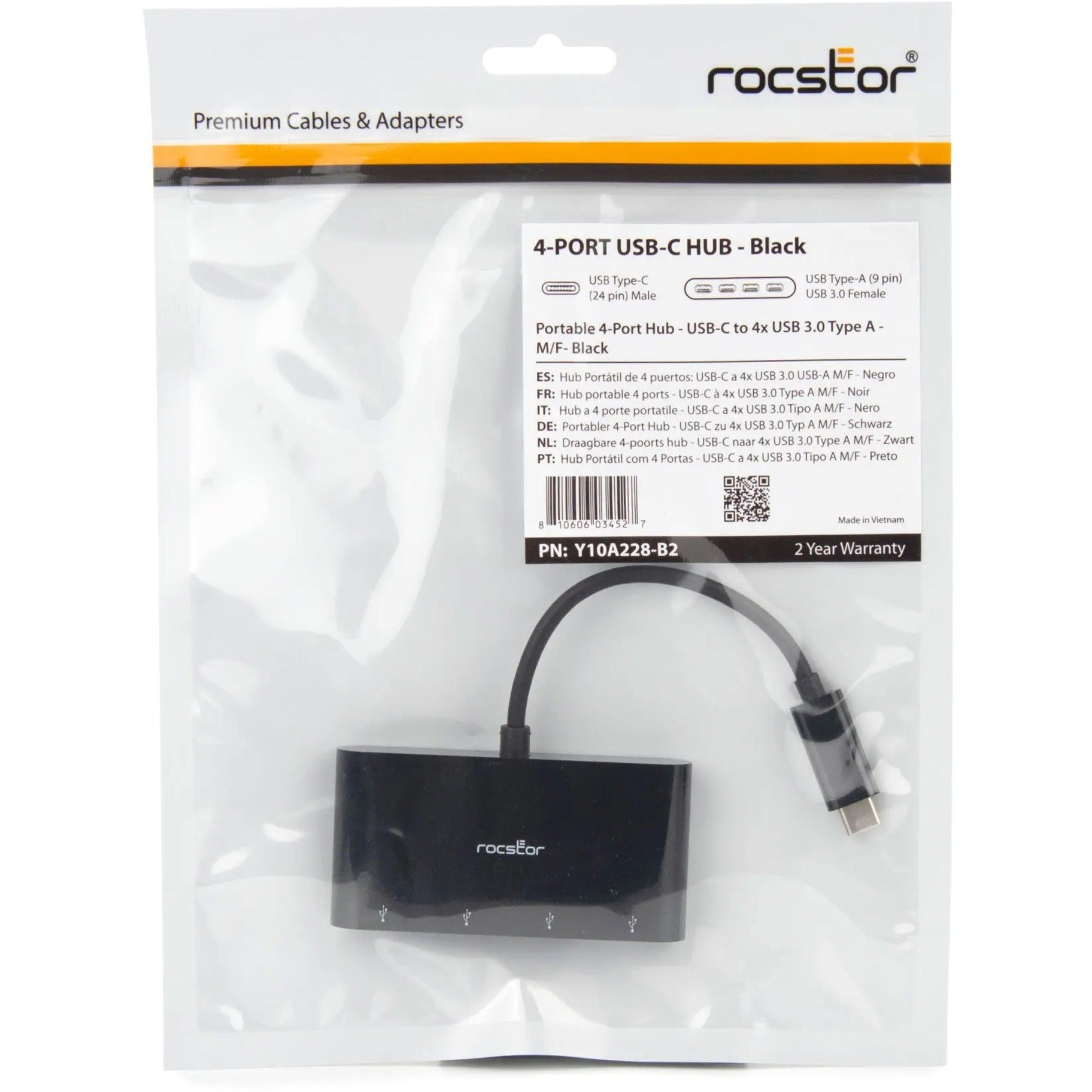 Rocstor Y10A228-B2 Premium Slim Portable 4 Port Hub - USB-C To 4x USB ...